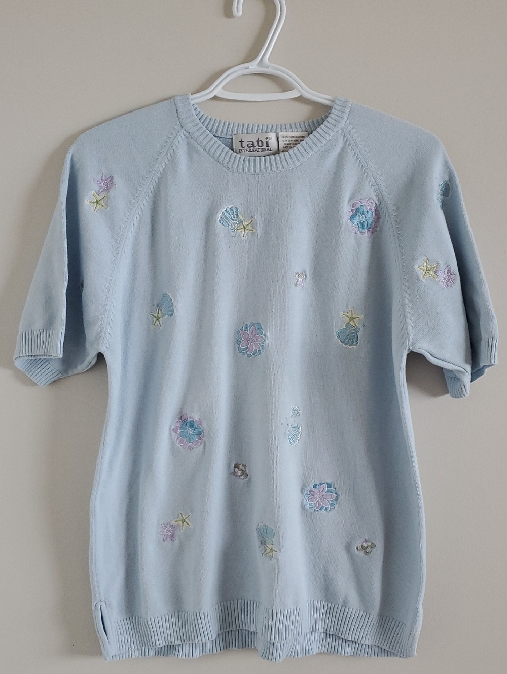 Vintage Tabi Light Blue Crewneck Knit Seashells Embroidered Top M Cottagecore
